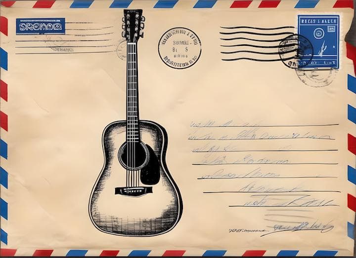 Vintage airmail envelope with sketched acoustic guitar